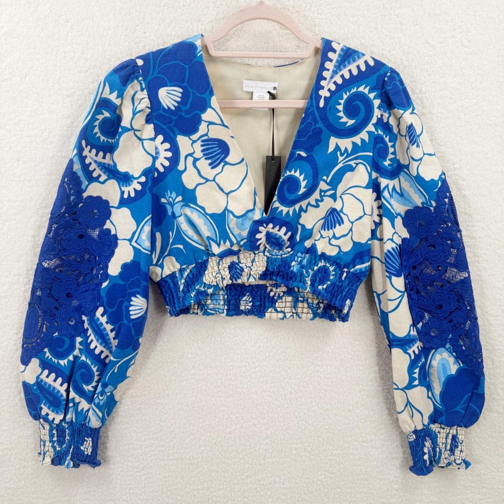 House of Harlow Blue Cream Floral Linen Blend Long sleeve Lace detail Crop top
